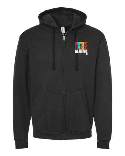 A black Tultex Zip Up Hoodie 331 Line Dancers by DB Custom Creations, featuring a small colorful four-dancer graphic and bold "DANGERS" text on the left chest, crafted for softness and comfort.