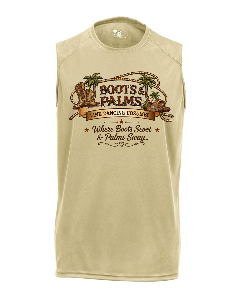 The Badger Sleeveless Boots and Palms (Copy) by DB Custom Creations is a beige ringspun cotton tank with a smooth print surface, featuring boots, cowboy hats, palm trees, and the Boots & Palms Line Dancing Cozumel logo.