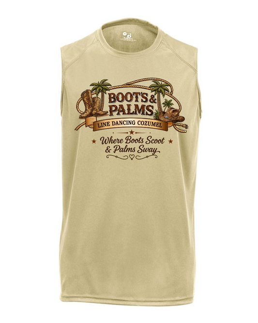 The Men's Badger - B-Core Sleeveless 4130 by DB Custom Creations is a beige performance tee featuring a cowboy boots, lasso, and palm trees graphic with “Boots & Palms Line Dancing Cozumel – Where Boots Scoot & Palms Sway” text.