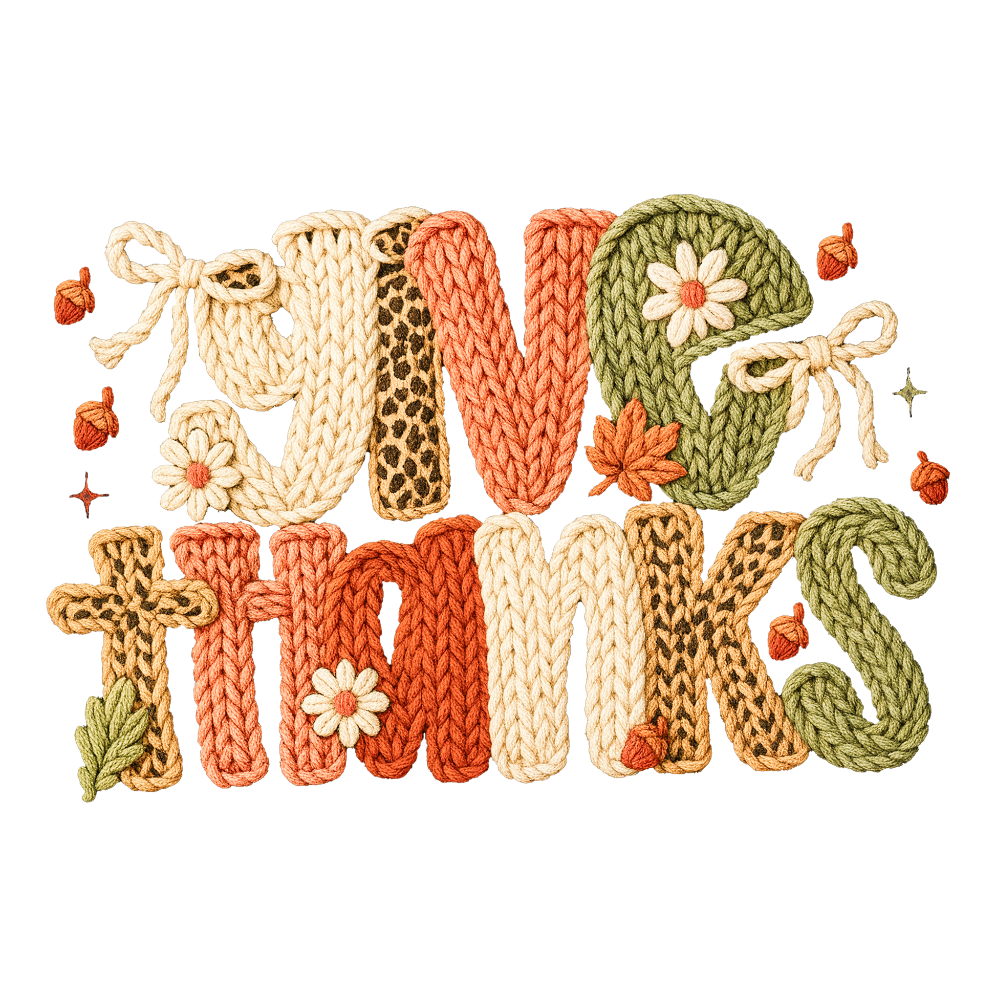 DB Custom Creations’ Crochet Give Thanks features chunky, crocheted letters in autumn tones, embellished with small flowers, leaves, and acorns for a cozy fall-inspired look.