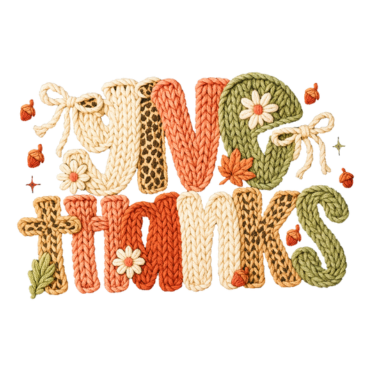 DB Custom Creations’ Crochet Give Thanks features chunky, crocheted letters in autumn tones, embellished with small flowers, leaves, and acorns for a cozy fall-inspired look.
