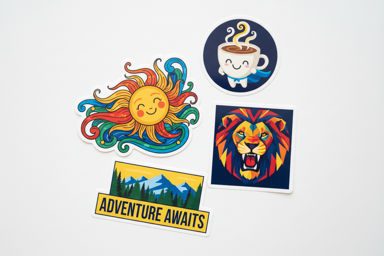 Show off your creativity with four vibrant, durable stickers from DB Custom Creations' "Upload your Stickers" set: a cheerful smiling sun swirling with color, a friendly-faced cup, a bold geometric roaring lion, and an "ADVENTURE AWAITS" sign featuring mountains and trees. Each custom vinyl sticker is printed on a white background—perfect for designing your ideal gang sheet builder collection.