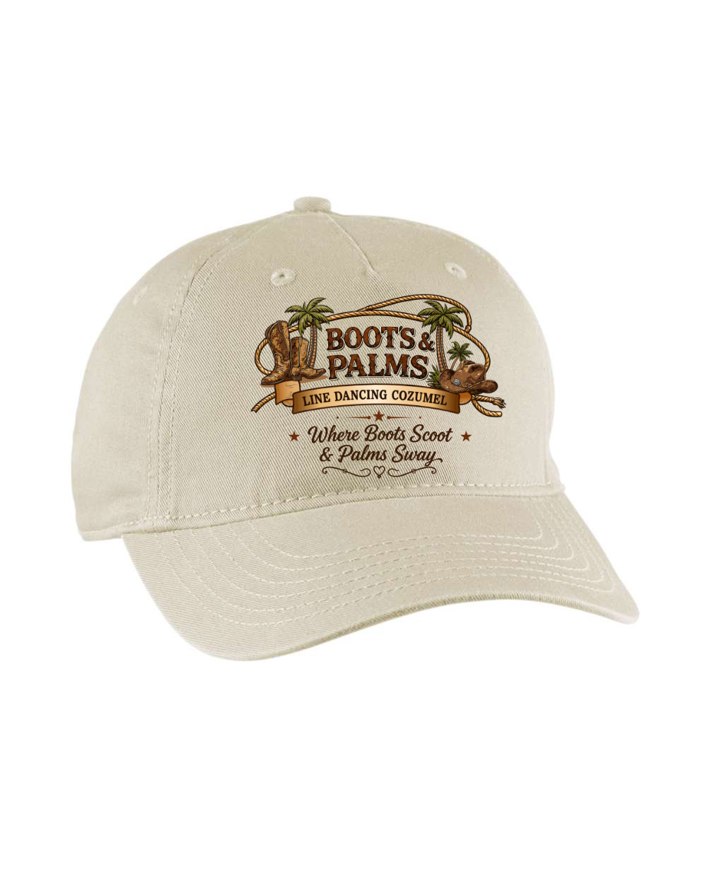 The Men's Unstructured Five-Panel Baseball Cap by DB Custom Creations is a beige organic cotton twill hat with Boots & Palms Line Dancing Cozumel, fun graphics, and an adjustable snapback closure.