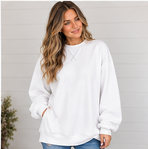 A woman wearing a DB Custom Creations Oversized Mock Neck sweatshirt in premium fabric with dropped shoulders and a decorative cross-stitch at the neckline.