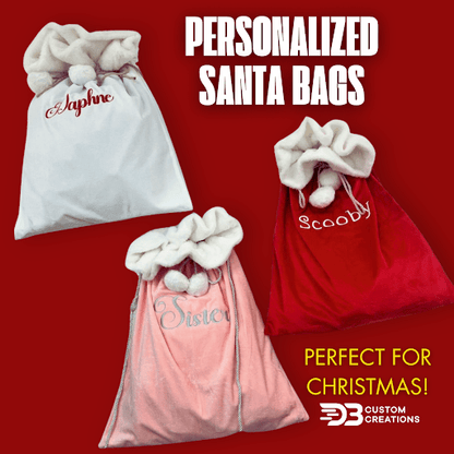 Three Santa Sacks by DB Custom Creations, each with white faux fur trim and pom-poms, personalized with different names on a red background. Text: Customizable Santa Sacks—Perfect for Christmas!.