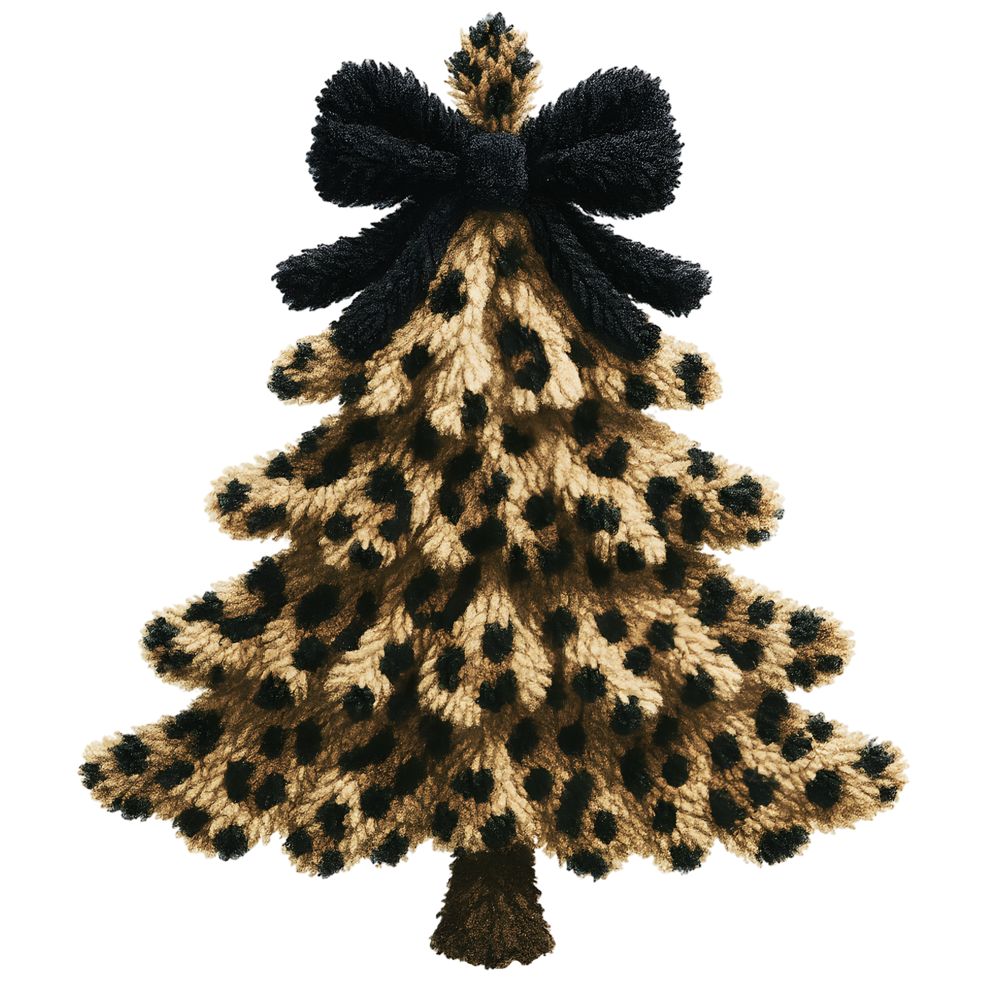 The Leopard Christmas Tree by DB Custom Creations features a yarn design with a leopard print pattern and a large black yarn bow on top, displayed against a plain white background.
